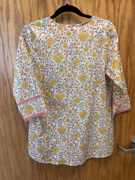 JPD005-Beige short kurti with yellow flower pattern