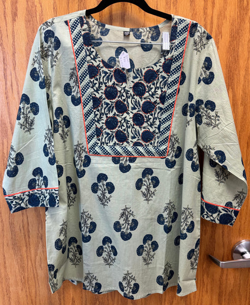 JPD007-Grass green short kurti with blue flower pattern