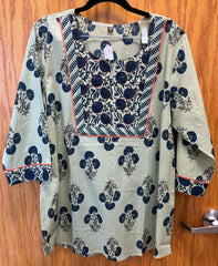 JPD007-Grass green short kurti with blue flower pattern