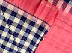 KSS408 Pure handloom kanchipuram silk Saree in blue and white with pink gold zari border.comes with stitched blouse size 40,can be altered to 44 size.