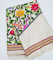 KSN217 Pure Silk Kantha Tussar Saree in beige. Comes with stitched blouse.