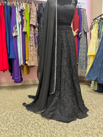 AFL2008-Black bead work lehenga with floral pattern and dupatta