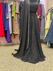 AFL2008-Black bead work lehenga with floral pattern and dupatta