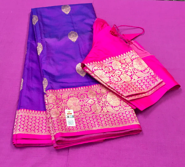 KKT124 PURE BANARASI HANDLOOM KATAN SILK SAREE IN PURPLE WITH RED RANI PINK BORDER AND PALLU