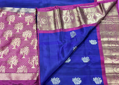 KSS440 Pure handloom kanchipuram silk Saree in purple with pink gold zari border.comes with stitched blouse size 40,can be altered to 44 size.