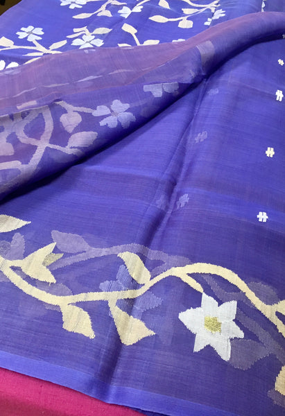 KKT130 PURE MATKA SILK JAMDANI SAREE IN DARK BLUE WITH WHITE THREAD WORK