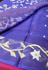KKT130 PURE MATKA SILK JAMDANI SAREE IN DARK BLUE WITH WHITE THREAD WORK