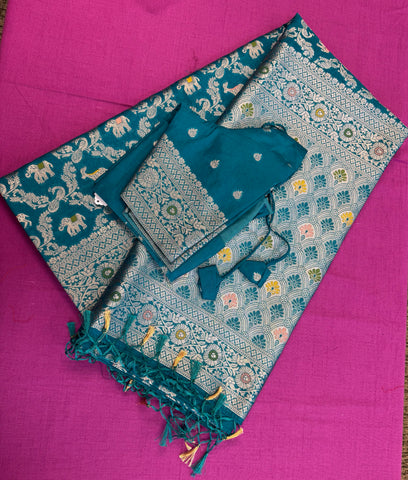 semi silk banarasi Saree in Blue with Zari Border. Comess with stitched blouse size 38 can be altered up to 44