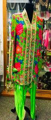 RFSS2007 -Pure Crepe Printed Kaftan In Neon Green With Tulip Pants And Potli