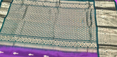 KSS411 Pure kanchipuram silk Saree in purple and green gold zari border.comes with stitched blouse size 40,can be altered to size 44.Fall peco done.