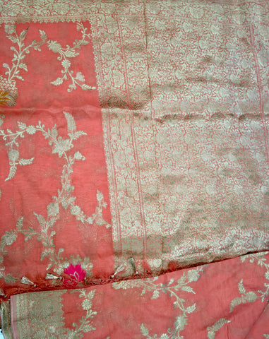 BKS110 Banarasi Georgette saree in peach. Comes with stitched blouse size 38 can be altered to size 42. Fall peco done.