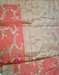 BKS110 Banarasi Georgette saree in peach. Comes with stitched blouse size 38 can be altered to size 42. Fall peco done.