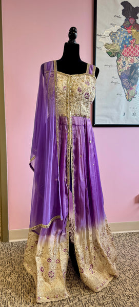 DPP003-Purple long slit in middle gown with pants and dupatta and golden mirror work