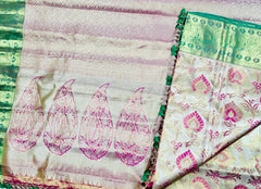 KSS512 Pure kanchipuram tissue silk Saree in pink with green color gold zari border. Comes with stitched blous.