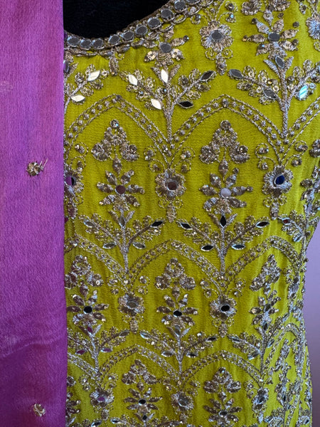 DPP002-Green kurta with golden leaves and mirror work and pink sharara with golden work and a pink dupatta
