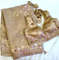 AFL8002 Pure banarasi crepe tissue saree in beige with heavy hand embroidery party wear Saree.comes with stitched blouse size 38 can be altered to 44 size.