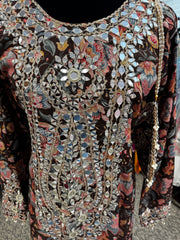 Pnk432: White, Blue, and Brown Long Kurti Gowns  and Potli