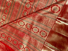 KSS517 Pure kanchipuram handloom silk Saree in orange color with gold zari border. Comes with stitched blouse size.