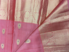 KSS435 Pure handloom kanchipuram silk Saree in peach with gold zari work. Comes with stitched blouse size 40, Can be altered to 44 size.