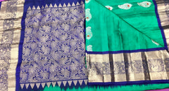 KSS404 Pure handloom kanchipuram silk Saree in greenery with blue gold zari border.comes with stitched blouse size 40,can be altered to 44 size.