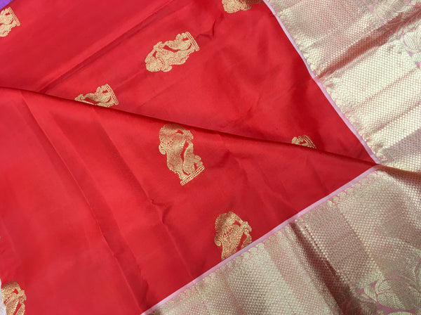 KSS416 Pure handloom kanchipuram silk Saree in red with pink gold zari border.comes with stitched blouse size 40,can be altered to 44 size.