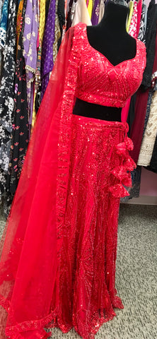 AFL4001 Wedding lehenga in red comes with heavy embroidery and sequin work.comes with net dupatta and stitched blouse.