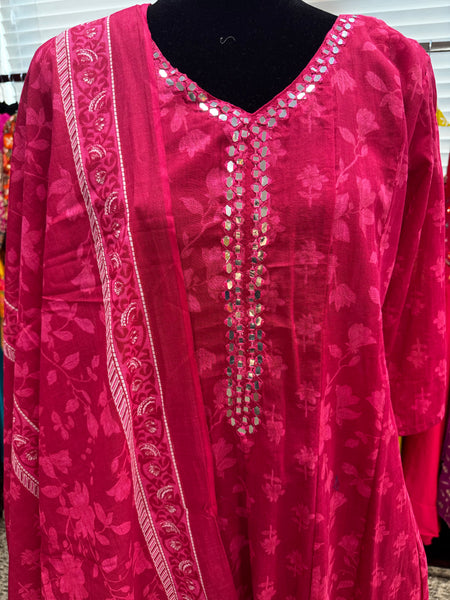 Pnk407:  Long Kurta with Pants and Dupatta in Blue and Pink