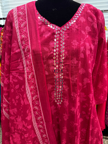 Pnk407:  Long Kurta with Pants and Dupatta in Blue and Pink