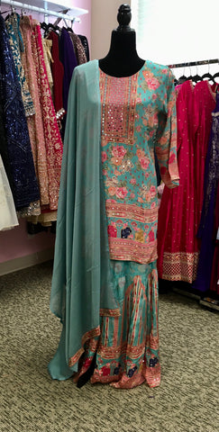 AFL2042- blue flower print suit in crepe fabric.Come with sharara pant and dupatta.