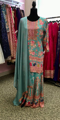AFL2042- blue flower print suit in crepe fabric.Come with sharara pant and dupatta.