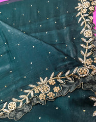 AFL3053 partywear saree in bottle green.comes with stitched blouse size 40,can be altered to 44 size.Fall peco done.