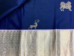 KSS459 Pure handloom kanchipuram silk Saree in blue with purple gold zari border.comes with stitched blouse size 40,can be altered to 44 size.