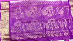 KSS441 Pure handloom kanchipuram silk Saree in pink with purple gold zari border.comes with stitched blouse size 40,can be altered to 44 size.