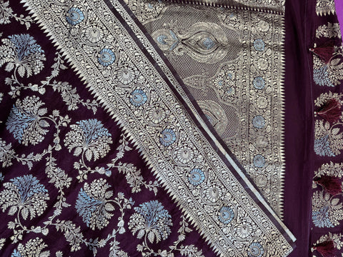 Banarasi Tussari georgette saree in Brown with gold and silver zari border. Fall peco done. Comes with stitched blouse size 38 can be altered up to 44 size.