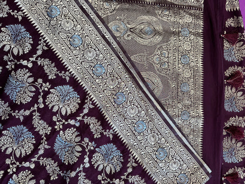 Banarasi Tussari georgette saree in Brown with gold and silver zari border.Fall peco done. Comess with stitched blouse size 38 can be altered up to 44 size.
