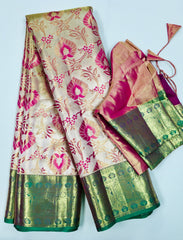 KSS512 Pure kanchipuram tissue silk Saree in pink with green color gold zari border. Comes with stitched blous.