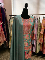 AFL2042- blue flower print suit in crepe fabric.Come with sharara pant and dupatta.
