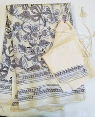 KSN218 Pure Silk Kantha Tussar Saree in beige. Comes with stitched blouse. Fall peco done.