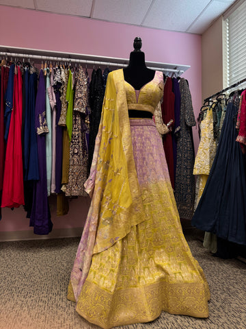 AFL2011-Purple and yellow ombré lehenga with golden work and dupatta