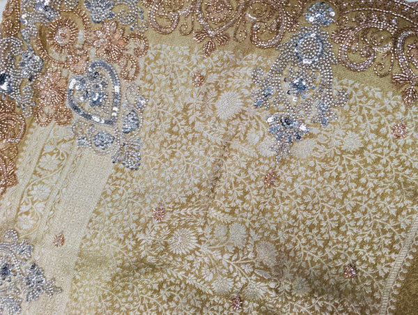 AFL8001 Pure banarasi crepe tissue saree in beige with heavy hand embroidery party wear Saree.comes with stitched blouse size 38 can be altered to 44 size.