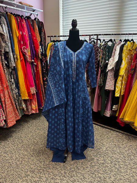 Pnk407:  Long Kurta with Pants and Dupatta in Blue and Pink