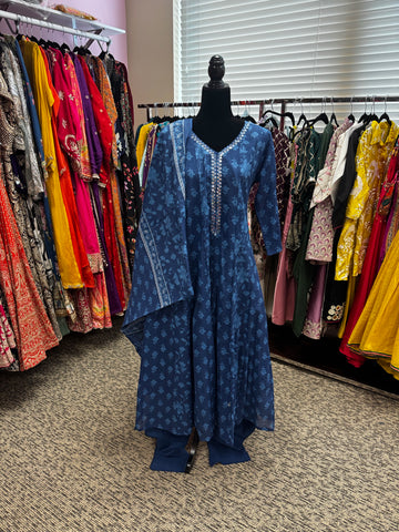 Pnk407: Long Kurta with Pants and Dupatta in Blue and Pink