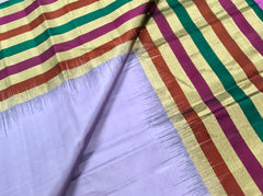 KSS414 Pure handloom kanchipuram silk Saree in purple with multi color gold zari border. Comes with stitched blouse size 40