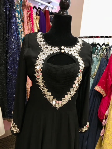 AFL2037 - Pure chiffon long gown with mirror work embroidered on the yoke.Come with pant and Banarasi dupatta.