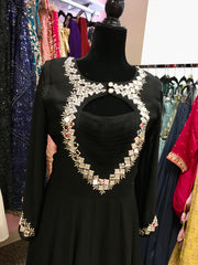 AFL2037 - Pure chiffon long gown with mirror work embroidered on the yoke.Come with pant and Banarasi dupatta.