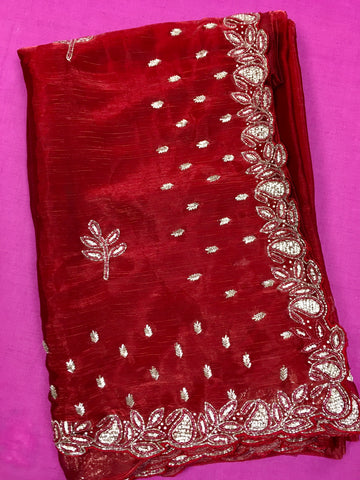 AFL3055 Partywear saree in maroon with silver embroidery.Comes with stitched blouse size 40,can be altered to 44 size.Fall peco done.
