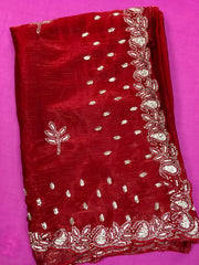 AFL3055 Partywear saree in maroon with silver embroidery.Comes with stitched blouse size 40,can be altered to 44 size.Fall peco done.