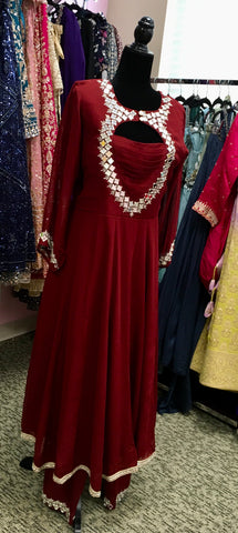 AFL2036 - Pure chiffon long gown with mirror work embroidered on the yoke. Come with pant and Banarasi dupatta.