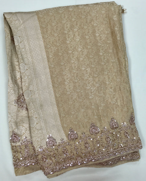 AFL8003 Pure banarasi crepe tissue saree in beige with heavy hand embroidery party wear Saree.comes with stitched blouse size 38 can be altered to 44 size.