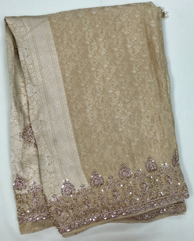 AFL8003 Pure banarasi crepe tissue saree in beige with heavy hand embroidery party wear Saree.comes with stitched blouse size 38 can be altered to 44 size.